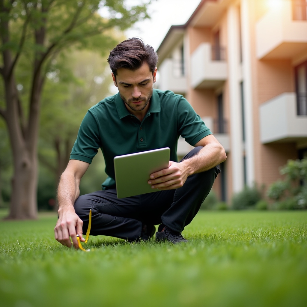 Specialist Qulemvorix evaluând un spațiu verde la o proprietate rezidențială